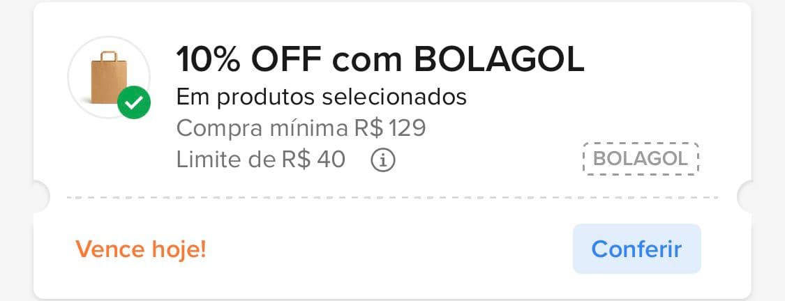 Desconto: 10% OFF em compras a partir de 129,00 e desconto máximo de 40,00. Aplica em 90% do site.