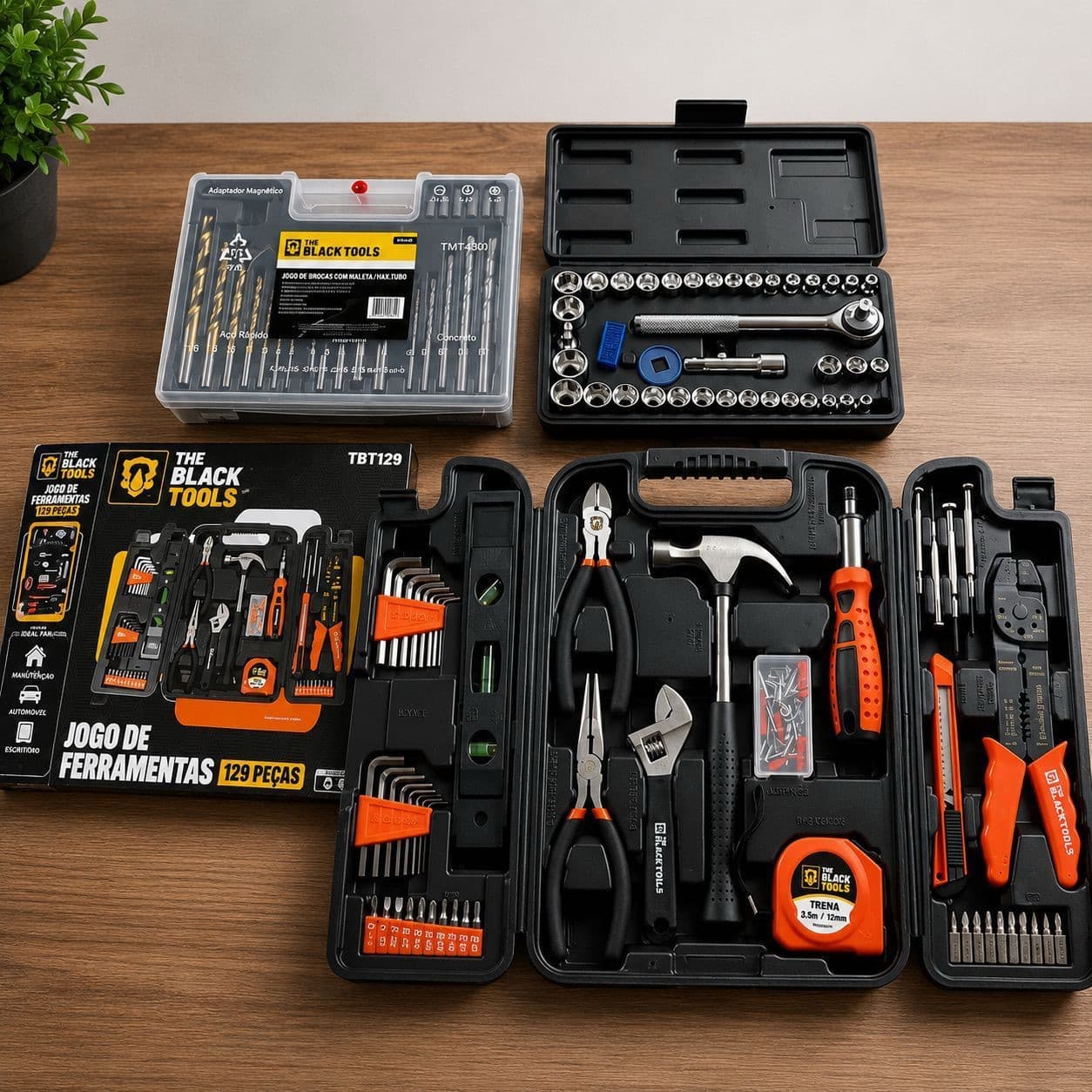 Jogo de Ferramentas 129 Peças + 40 Soquetes + 300 Brocas The Black Tools