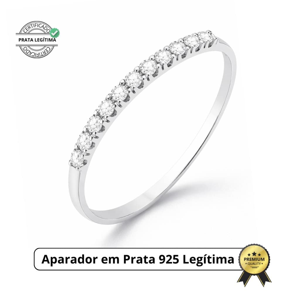 Anel Aparador Meia Aliança em Prata 925 com Zircônias